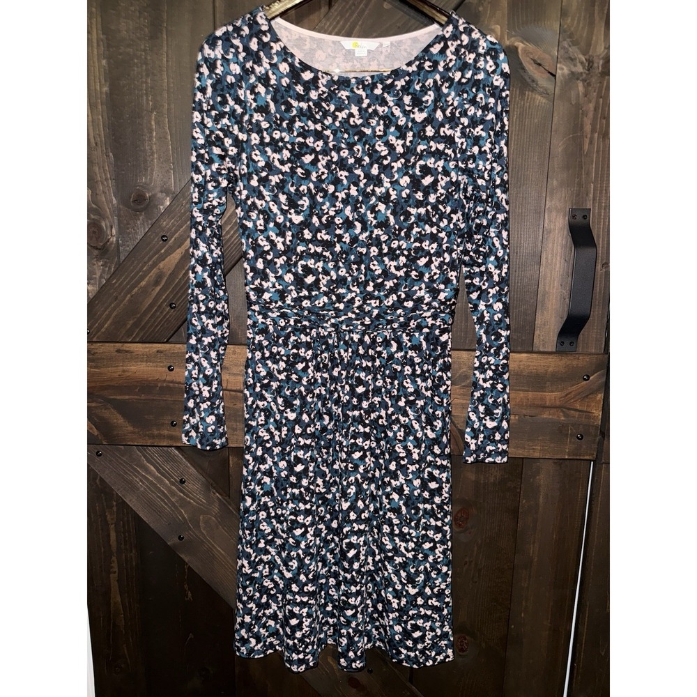 Boden Women Jersey Dress Navy Floral Long Sleeve V-Neck Faux Wrap US 6 6R Pocket